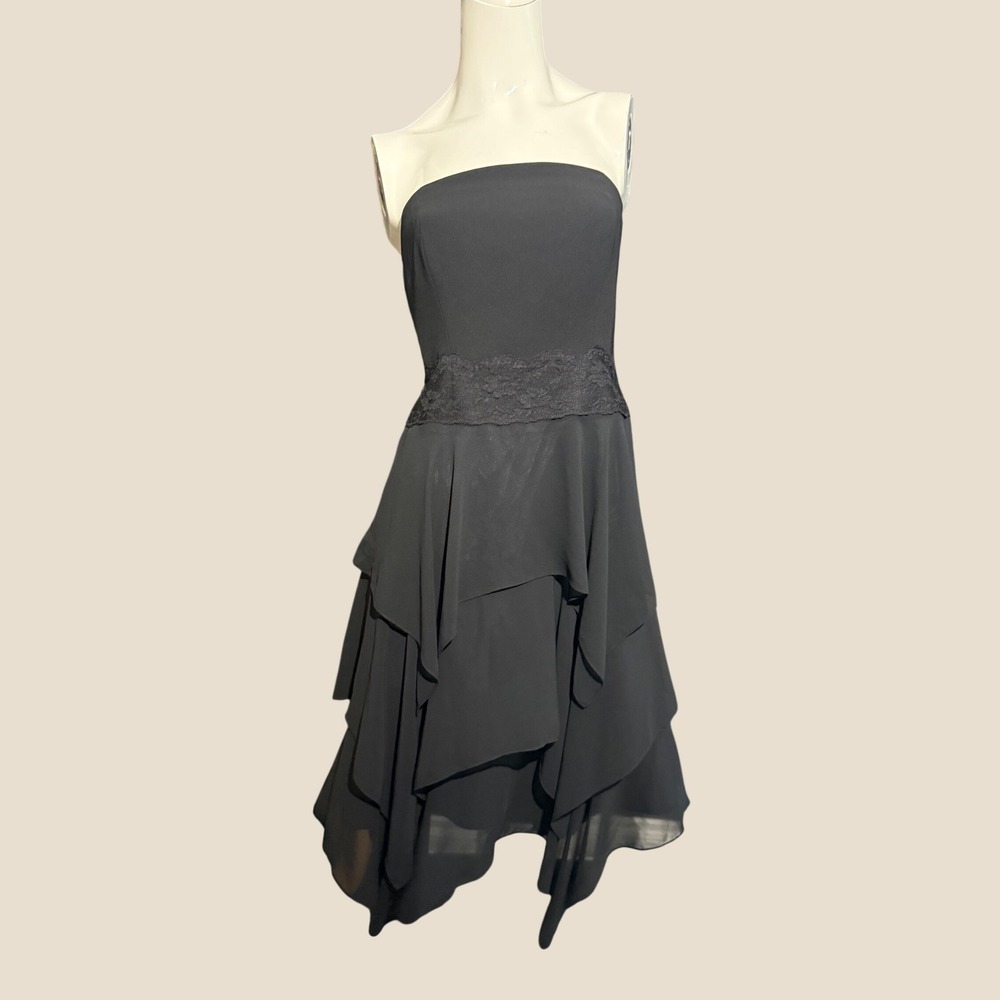 Liz Claiborne Black Strapless Tiered Handkerchief Hem Lace Waist Dress 6